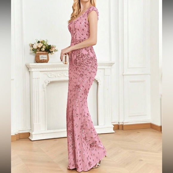 Luxe V neck sequin formal evening party dress - Picture 6 of 7